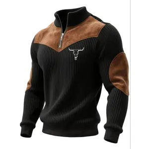 Men's Stand Collar Pullover Sweater, Autumn Winter Warm Half Zip Cow Head Print Patchwork Ribbed Vintage Streetwear