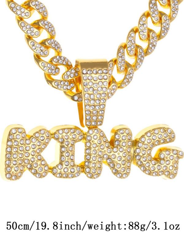 Hiphop Full Diamond King Letter Cuban Chain, Fully Encrusted Detail, Shiny, Unisex Street Style Jewelry, Cuban Link Chain