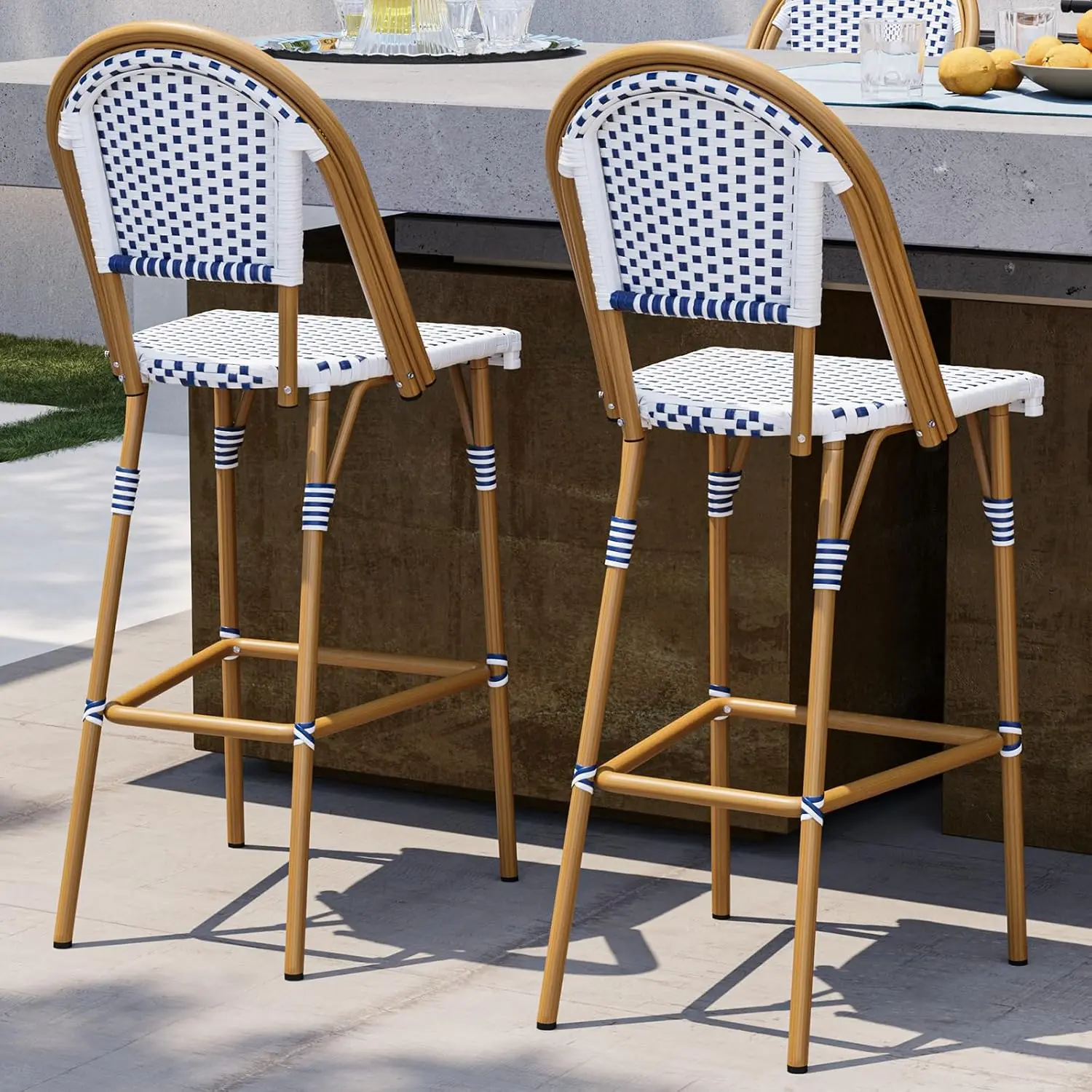 ONBRILL French Bar Stool Set of 4, White Print Finish Patio Bar Stools with Back Rattan Chairs, Wicker Bar Height Stool 29" with Footrest, Kitchen Stools Outdoor Barstool Navy Blue and White