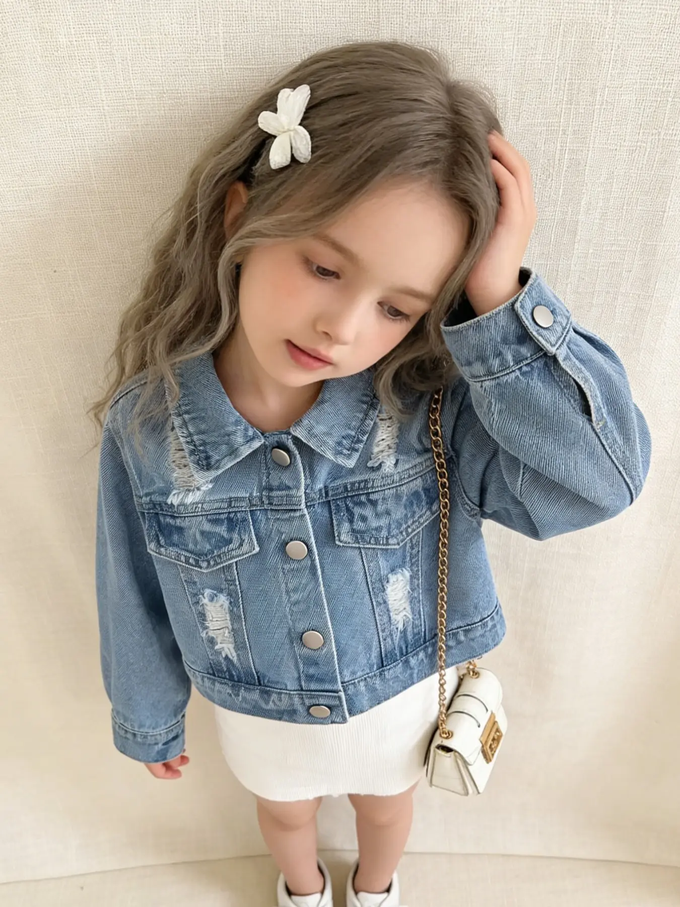 Girls' Outdoor Casual Ripped Short Sleeve Denim Jacket, Jean Coat, Trendy All-Season Outerwear, Perfect for Daily Wear & Playtime