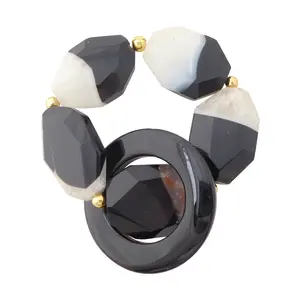 Black onyx donut and dyed black and white agate stone chunky geometric bracelet