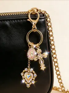 Christian Amulet Keychain, Elegant Cross Charm, Heart and Faux Pearl Decor, Saint Mary Decoration Pendant, Holiday Gift, Bag Charm Keychain