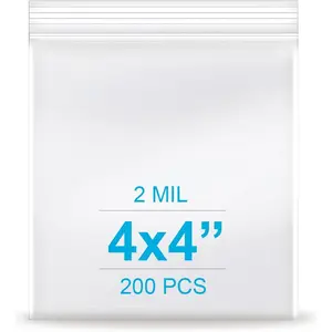 4''x 4'', (Pack of 200) 2 mil Thick Clear Plastic Reclosable Zip Poly Bags with Resealable Lock Seal Zipper, Clear Small Zip Bag, , Candy Bags, Storage, Packaging & Shipping...