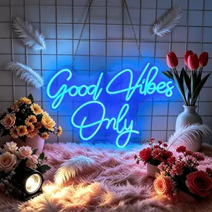 Good Vibes Only Neon Sign, USB Powered Dimmable Ice Blue Cyan LED Neon Light, Aesthetic Positive Quote Wall Decor for Bedroom Gaming Room Man Cave Home Bar, Motivational Gift for Her Teens Gamers