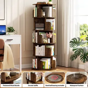 5 Tier Rotating Bookshelf, 360 ° Display Stackable Spinning Bookshelf Tower, Narrow Space Saving Tall Floor Standing Swivel Bookcase Corner Storage Organizer for Bedroom, Living Room, Study Room