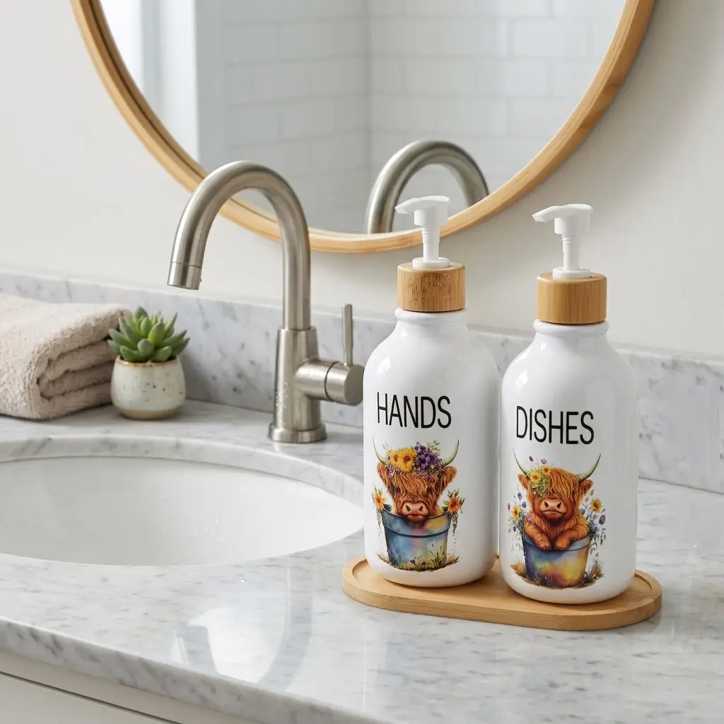 2Pcs Highland Cow Soap Dispensers with Tray, Farmhouse Cow Floral Plastic Dispenser with Bamboo Elements and Pump, Refillable Liquid Dish Soap Container for Bathroom and Kitchen Countertop Decor, Bathroom Accessory, Bathroom Supplies