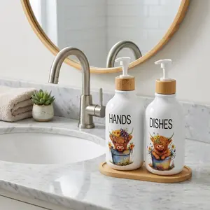 2Pcs Highland Cow Soap Dispensers with Tray, Farmhouse Cow Floral Plastic Dispenser with Bamboo Elements and Pump, Refillable Liquid Dish Soap Container for Bathroom and Kitchen Countertop Decor