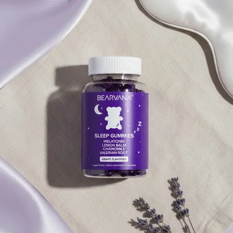 BEARVANA Chewable Edible Sleep Gummies - Melatonin, Lemon Balm, Chamomile, Valerian Root - Candy-Free Relaxation & Calm Support Sleep Supplements - Grape Flavor, 1-Month Supply (60 Count)