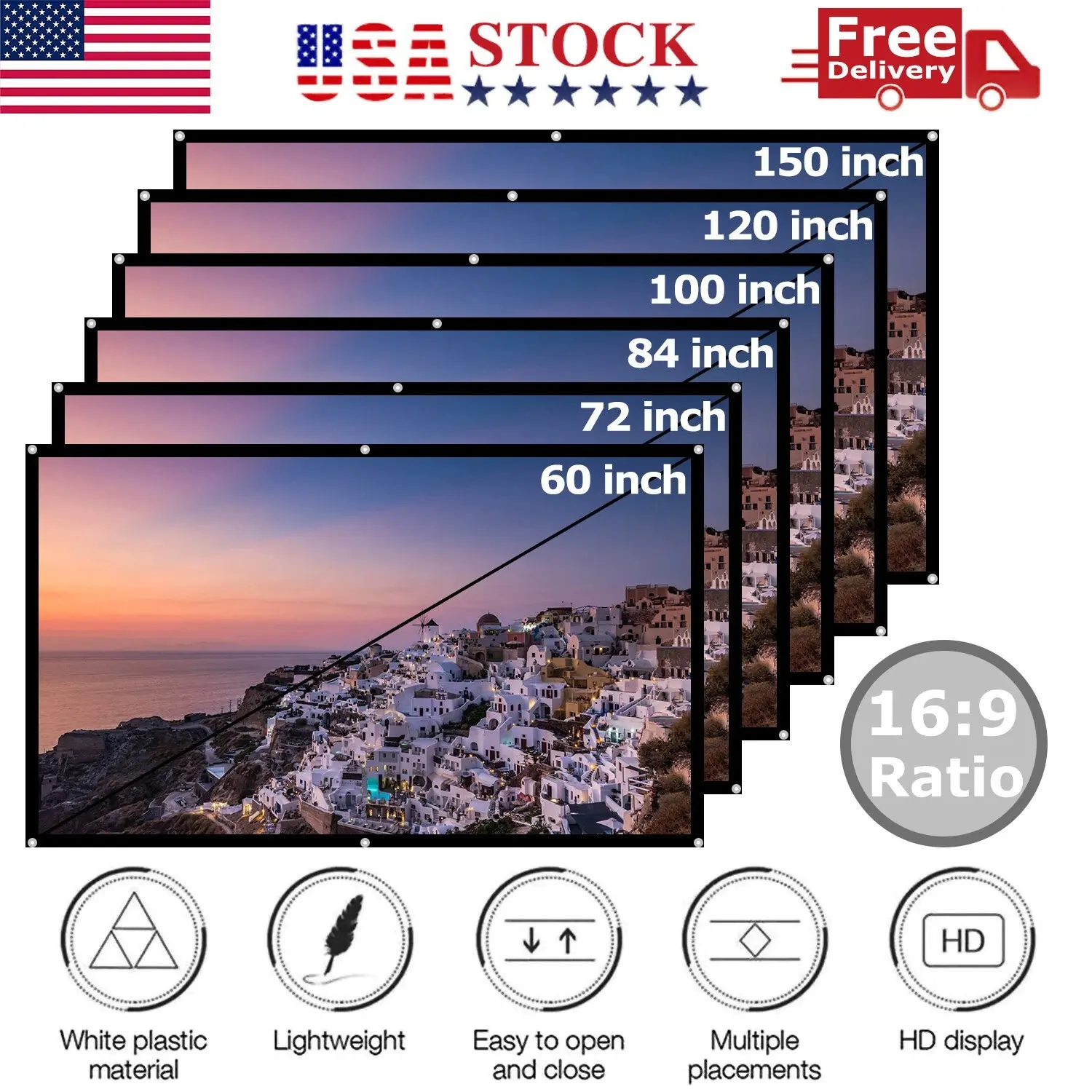 USA STOCK Portable Foldable Projector Screen 16:9 HD 120 inch Lightweight Easy Open Close for Outdoor Home Cinema Theater White Plastic Material Ideal for Group Viewing