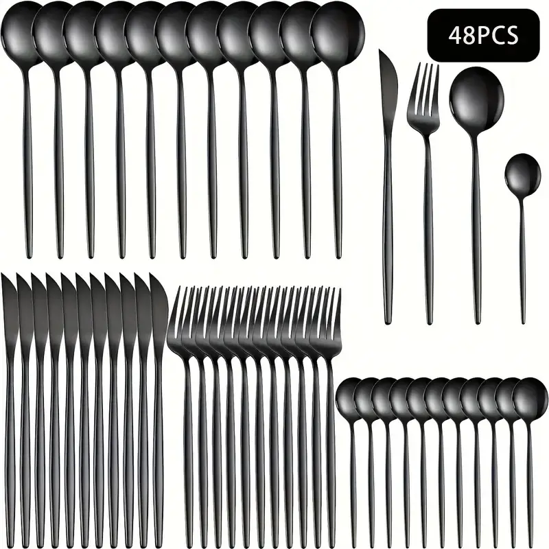 4/48pcs Black Stainless Steel Cutlery Set - Includes Steak Knives, Dinner Forks, Spoons, and Teaspoons - Ideal for Home and Restaurant Use, Perfect for Parties, Thanksgiving, Christmas, Halloween, Easter, Hanukkah Utensils Dinnerware Kitchenware Tableware
