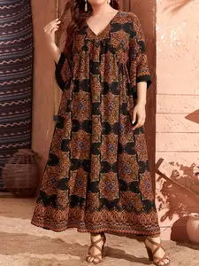 Summer Plus Size Women's V Neck Printed Half Sleeve Dress, Trendy Muslim Loungewear for Home and Leisure, Modest Style Dress, Plus Size Dresses