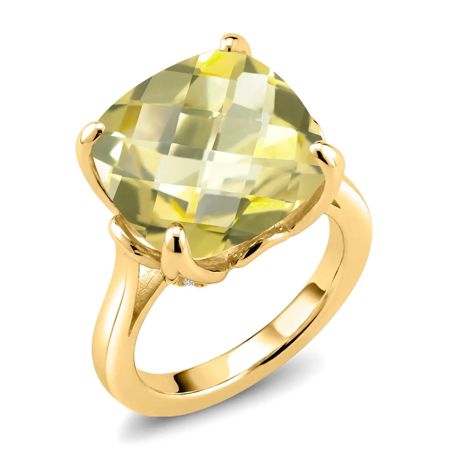 Gem Stone King 18K Yellow Gold Plated Silver Yellow Lemon Quartz and White Moissanite Engagement Ring For Women | 9.10 Cttw | 14MM Cushion Checkerboard | Available In Size 5, 6, 7, 8, 9