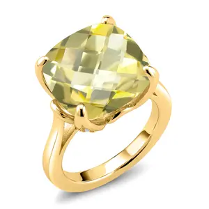 Gem Stone King 18K Yellow Gold Plated Silver Yellow Lemon Quartz and White Moissanite Engagement Ring For Women | 9.10 Cttw | 14MM Cushion Checkerboard | Available In Size 5, 6, 7, 8, 9