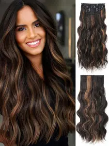 4Pcs Clip-In Hair Extensions, Synthetic Hairpieces, Long Wavy Hair, Dense Long Hair Style, Suitable for Women, 20 Inch Dark Color with Gold Highlights