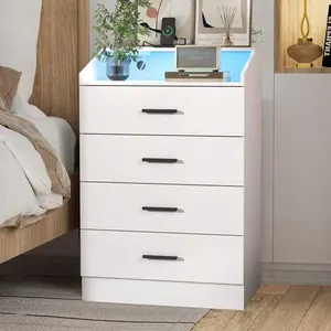 White   Drawers,   Charging Station And LED Lights, End Side   Open Storage Cubby, Modern Bedside   Bedroom, Night Stand Organizer  Living Room Nightstand with Table for Mobile Standing Desk Wheels Marble Dining