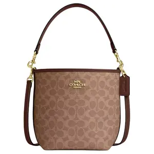 Coach City Bucket 17 Handbag for Women – Monogram-Print Metallic-Logo Coated Canvas, Tan