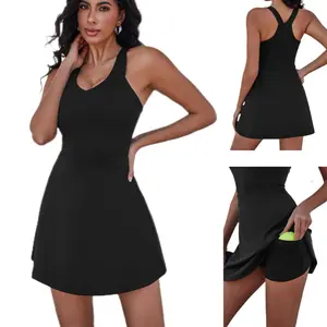 Seya Women's  V Neck Tennis Dress With Built-In Anti-Slip Shorts Black Dress Quick Dry Ice Cooling for Court, Cafe & Summer Casual Moisture Wicking All Season Comfortable Casual Slim Fitting Sporty Style, Perfect for Layering and Daily Wear