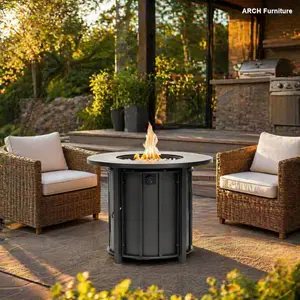 30-in Steel Frame Smokeless Fire Pit & Metal Firepit Stove Table, 50000 BTU Round Unit with Waterproof Cover, Wood Grain Ceramic Tabletop, Weather-Resistant Black Modern Outdoor Piece for Patio, Backyard