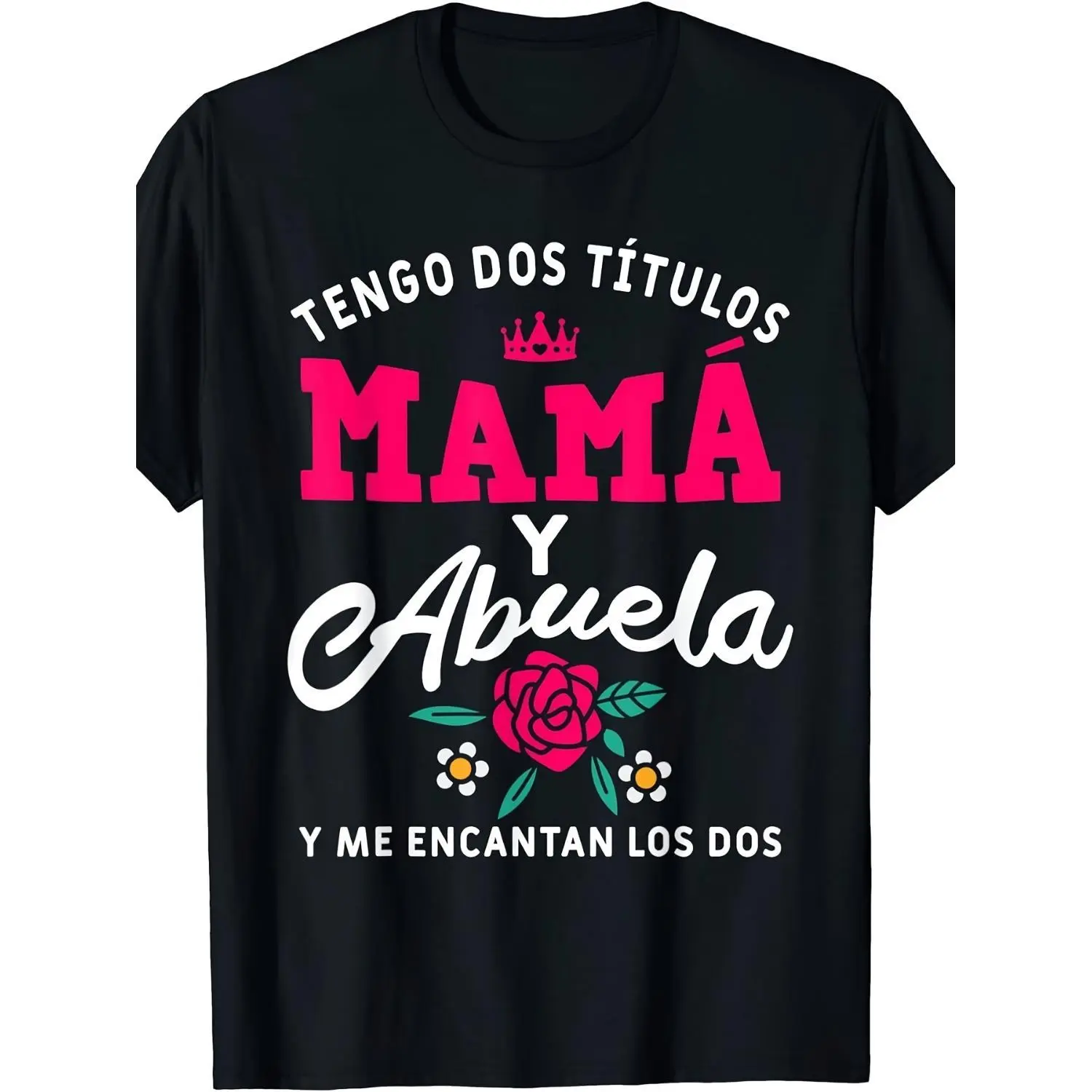 Women's Streetwear All Over Print T-Shirt with Floral 'Mama y Abuela' Graphic, Casual Shortsleeve Crew Neck Top for All Seasons, Fabric
