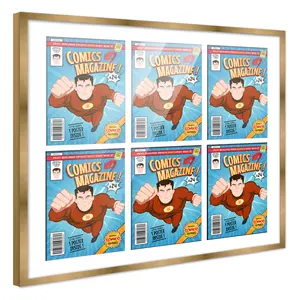 Comic Book Frame with Mat for 6 Silver Age Comics Published Between 1956 and 1970 - Bronze Wood Comic Frame With White Mat for 7.125x10.5 Comics - 29x26 Frame Size