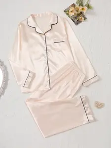 Women's 2-Piece Sleepwear Loungewear Set, Open Front Collared Comfortable Print Pajamas Pjs, Soft Fitted Long Sleeve Button-Up Top & Elastic Waist Pants, Casual Home Wear, Pyjamas