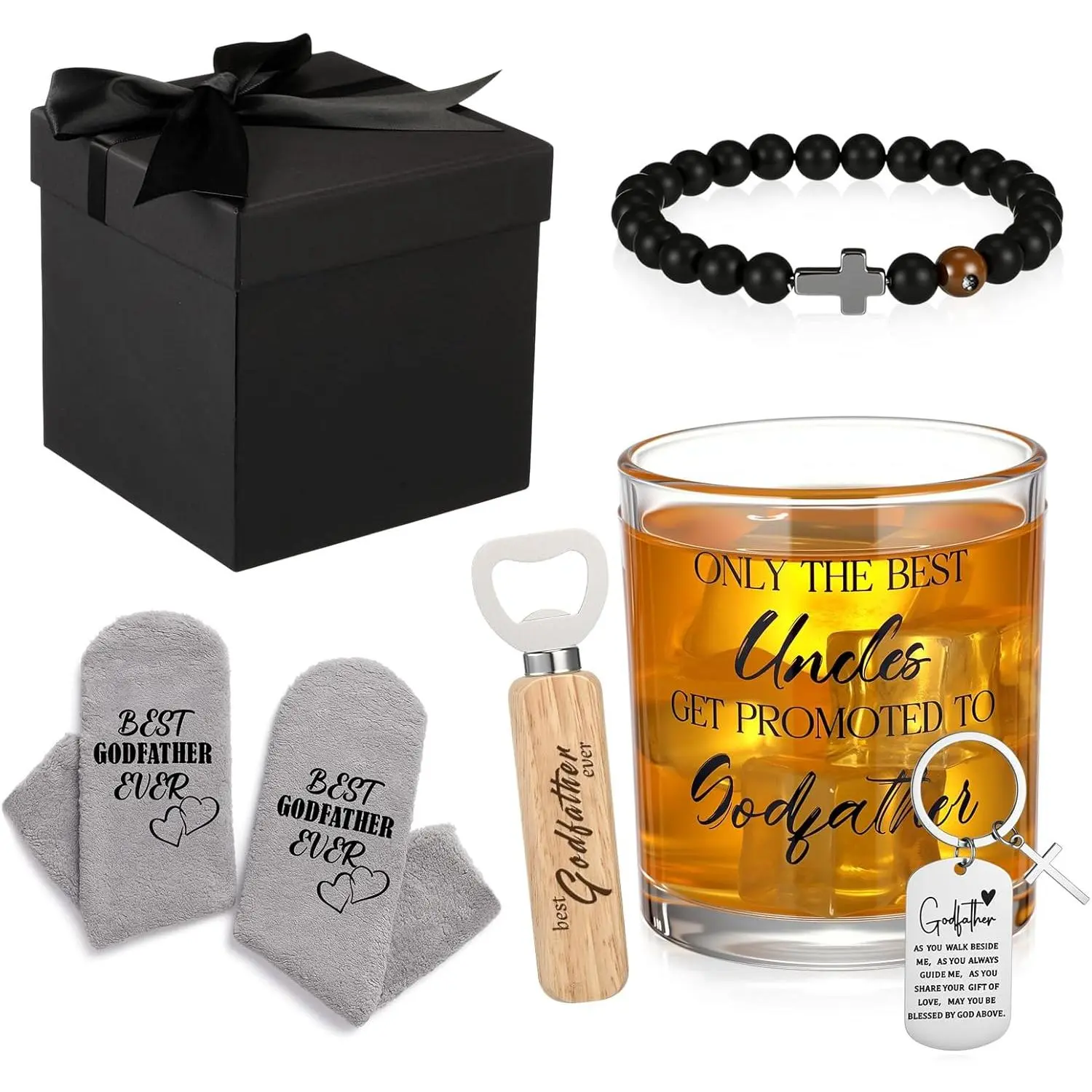 Vesici 6-Pc Ceremonial Godfather Proposal Gift Set - Engraved Glass&Steel Cup with Religious Motifs, Socks, Stone Bracelet, Cross Keychain, Bottle Opener, Gift Box (Baptism Event, Father’s Day), Engraved Items, Six Pieces