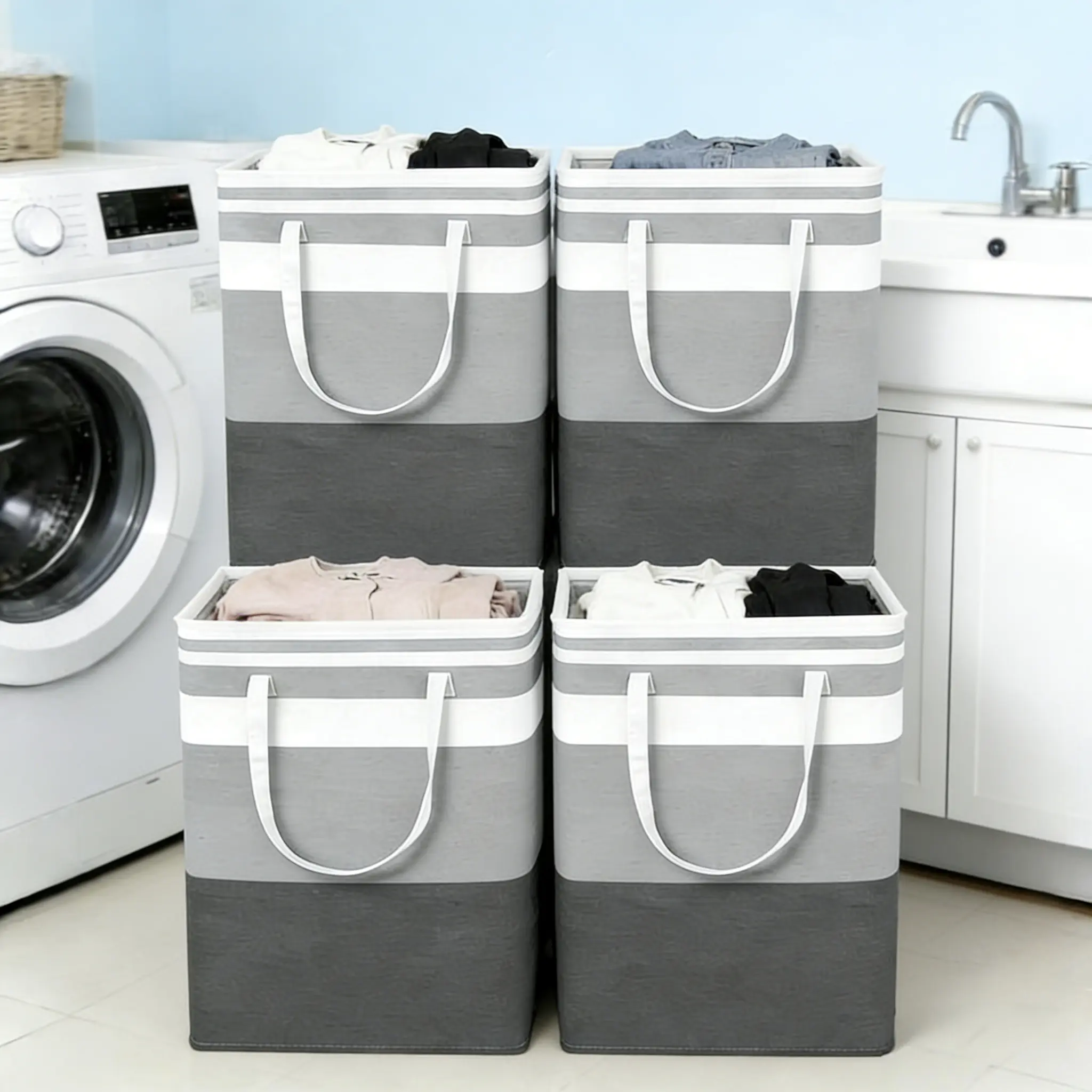 Oillase 4 Pack Foldable Waterproof Laundry Basket, 75L Large Capacity Clothes Hamper with Handles, Gradient Grey, Freestanding Storage Bin for Home & Dorm