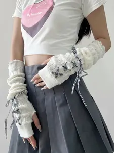 Women's Solid Lace Up Arm Warmers, Fashionable Warm Gloves for Daily Wear, Casual Y2K Style Accessories for Women & Girls