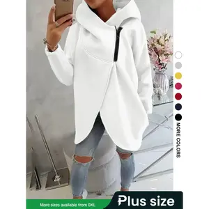 Women's plus size hooded sweatshirt with full zipper fashion design, asymmetrical hem, breathable thick wool, loose long sleeved pulloverRAIMENTRY