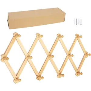 Accordion Style Expandable Wall Wooden Coat Rack 13 Hooks (Pegs) Hang Hats Jackets Coffee Mug Purses Necklaces Towels Cap Leash Scarves Data Line Kitchenware