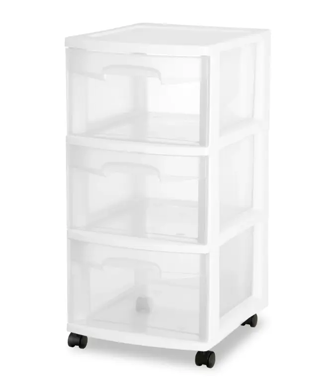 3 Drawer Slim Plastic Storage Cart with Clear Pull Out Drawers, White