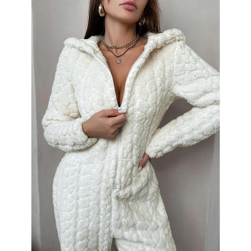 Women's SolidZipper Hooded Plush Pajama Jumpsuit, Casual Long Sleeve  Design Jumpsuit for Fall & Winter, Women's Sleepwear for Indoor Wear, Fluffy Lady Pajamas