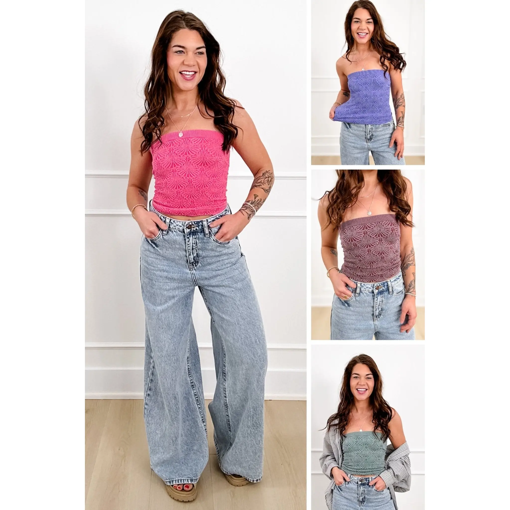 Textured Floral Tube Top with Scallop Hem