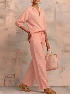 Versatile 2 Piece Solid Lightweight Breathable Linen Set, Half Zip 3/4 Sleeve Top & Wide Leg Pants, Casual Suit with Pockets, Office Beach Lounge Wear