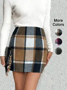 Women's Classic Plaid Woolen Mini Skirt, Spring Holiday Bodycon Skirt, Maroon Color, Fashion Versatile, Casual, High Waist Fitted Design