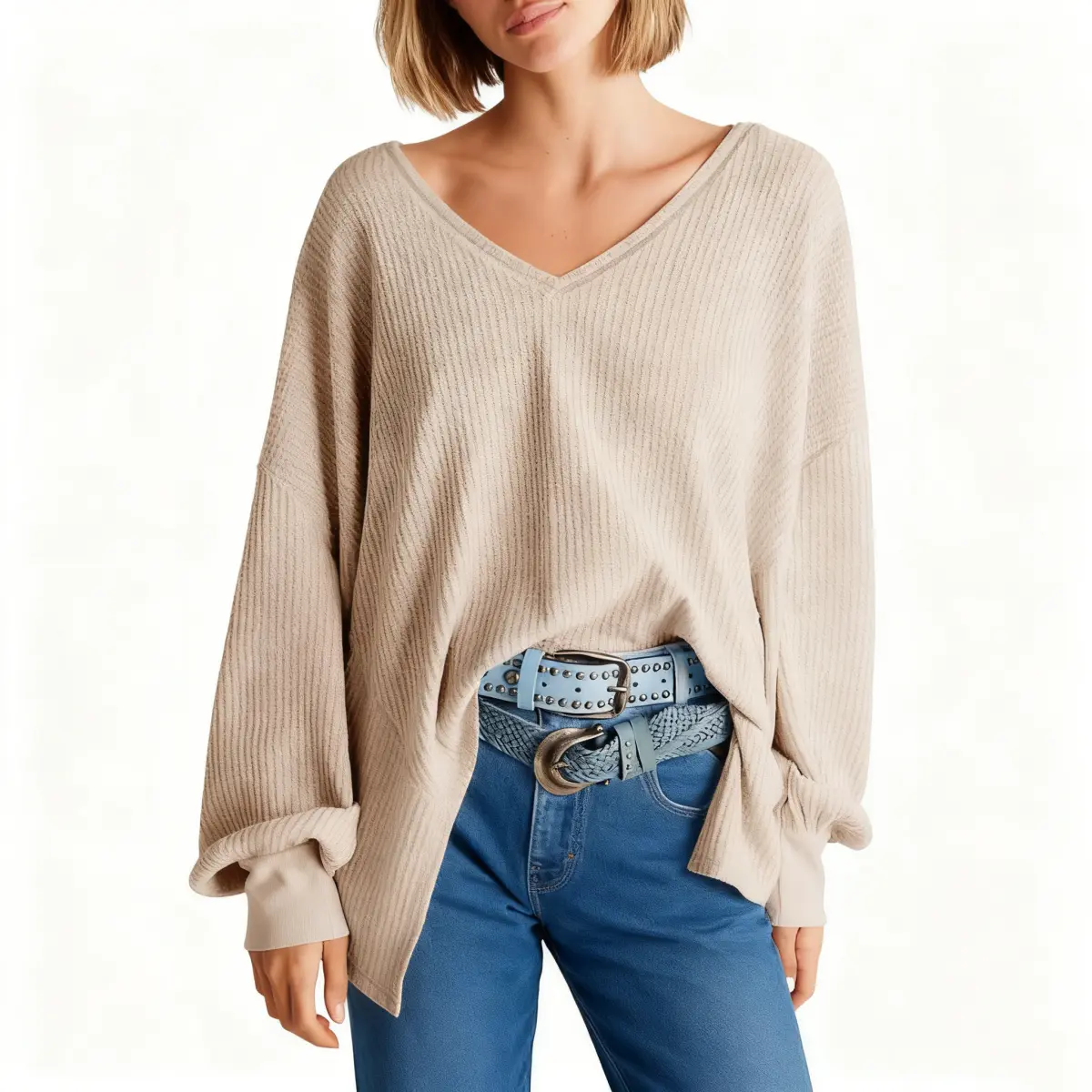 Women's Baggy Waffle Knit Sweater - Oversized V-Neck Off-Shoulder Pullover, Casual Solid Long Lantern Sleeve Blouse for Party Style, Skirts, Sexy, Fabric, Lightweight, Knitwear, Halloween, Thanksgiving