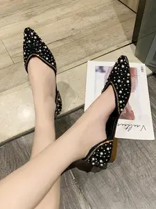 New Trendy Sparkling Rhinestone Pearl Bow Pointed Toe Shoes, Water Drills Edge Multicolor Flat Heel Women's Dress Shoes