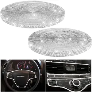 2 Rolls 10 Yard Bling Car Trim Self Adhesive Bling Car Interior Exterior Decorations Rhinestone Strips Ribbon for Women Crystal Glitter Diamond Stickers Roll for DIY, 0.16 and 0.35" Wide