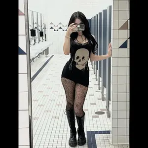 Women's Skull Print Contrast Lace Cami Dress, Y2K Fashion Casual Adjustable Strap Sleeveless Mini Dress for Daily Outdoor Wear, Women Dress for Spring Fall