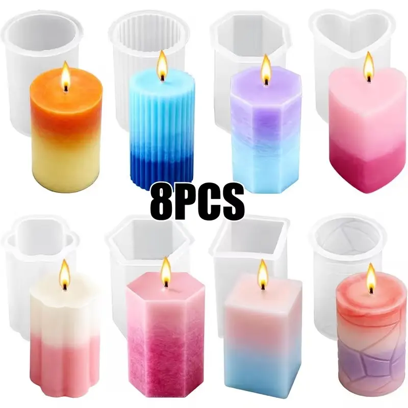 8PCS Reusable Silicone Candle Molds Set - Cylinder/Hexagon/Octagonal/Heart/Flower/Square Shapes for DIY Candle Making, Soap, Resin Crafts, Easy Release Candle Making Kit (8, Cylinder & Hexagon)
