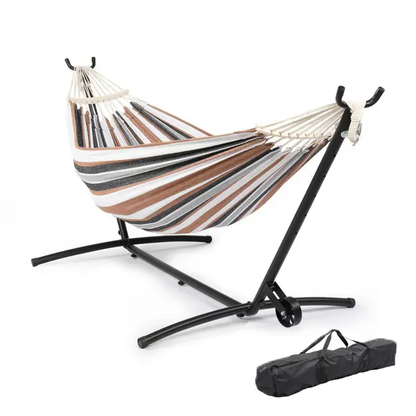 Outdoor Patio Backyard Hammock Stand Combo - Durable Double Hammock with Wheeled Steel Stand, 550 lbs Capacity, Anti-Roll Spreader Bar, and Carry Bag, Durable Hammock