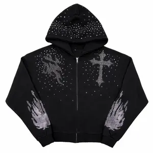 Black Rhinestone Zip Up Hoodie - Oversized  Y2K Vintage Streetwear Unisex