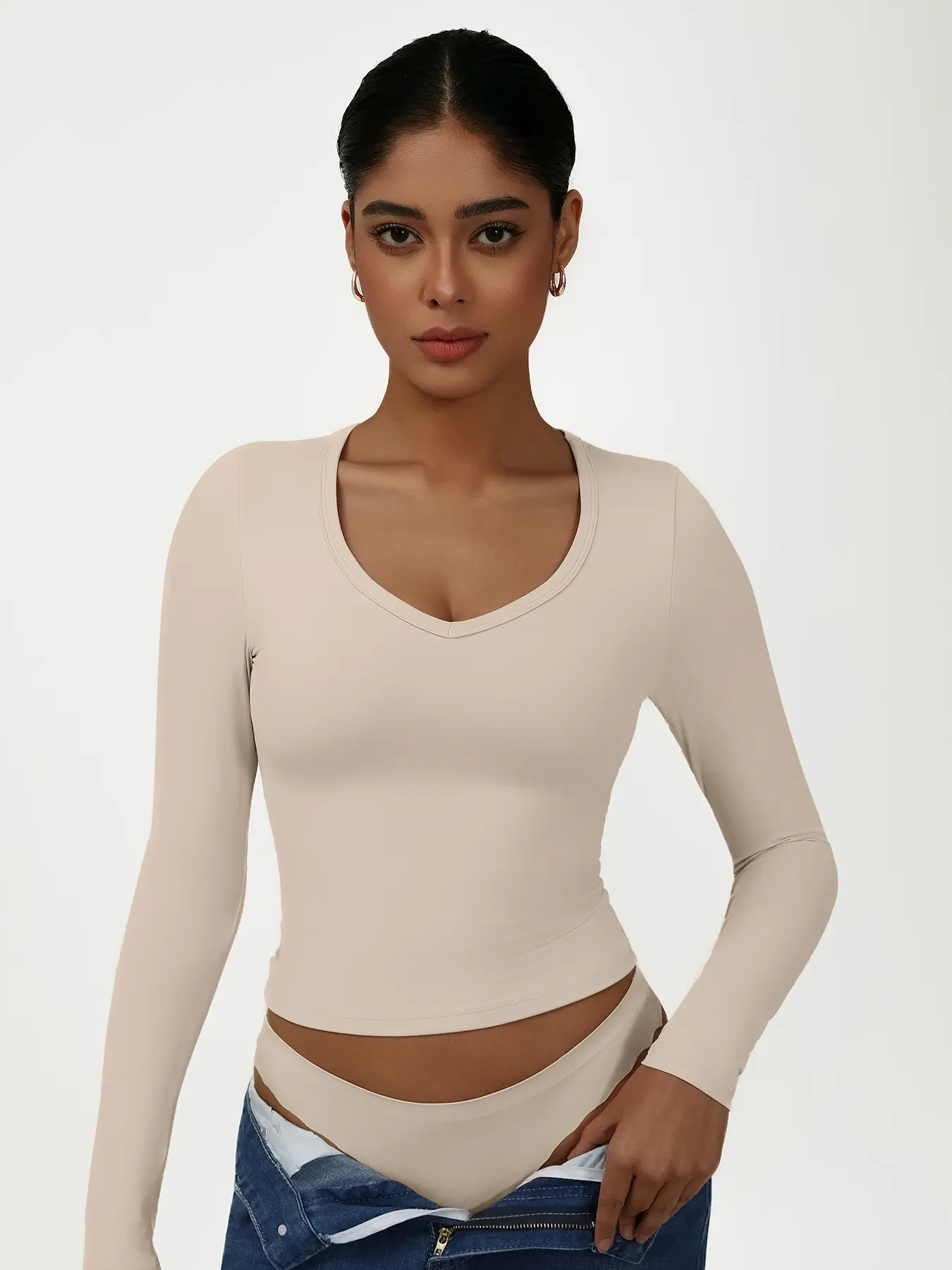 Women's V-neck Tight Double-layer breathable Elastic Fabric to Prevent Exposure Long-sleeved Sports T-shirt
