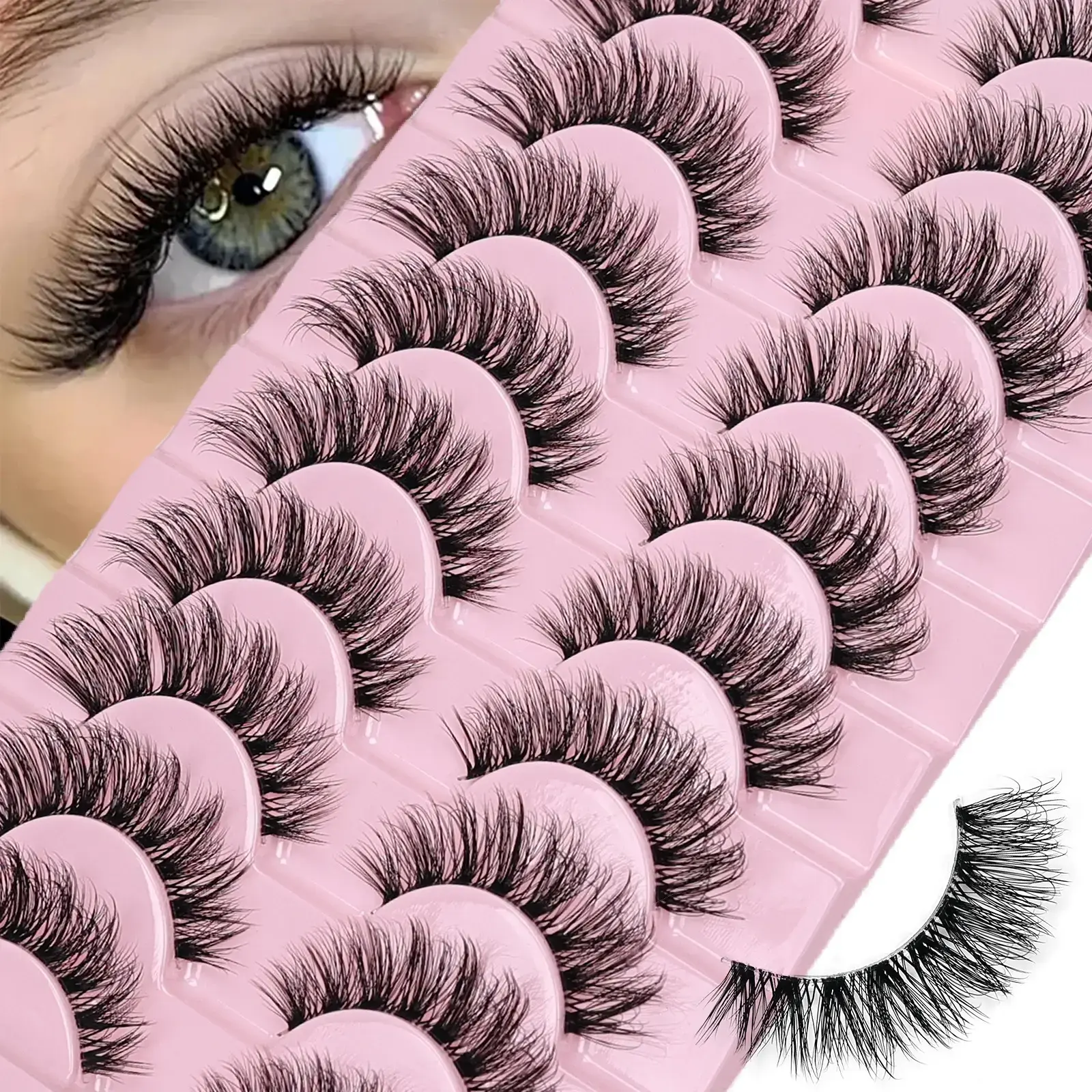 10 Pairs Natural Fluffy False Eyelashes Wispy Lashes 3D Volume Strip Lashes D Curl Fake Eyelashes with Clear Band Eye Lashes 2026 New