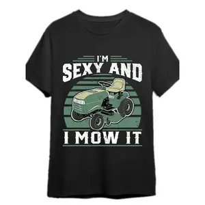Men's "I'm Sexy and I Mow It" Graphic T-Shirt - Black Cotton Short Sleeve Casual Tee with Lawn Mower Design, Soft & Breathable Fabric for Casual Attire