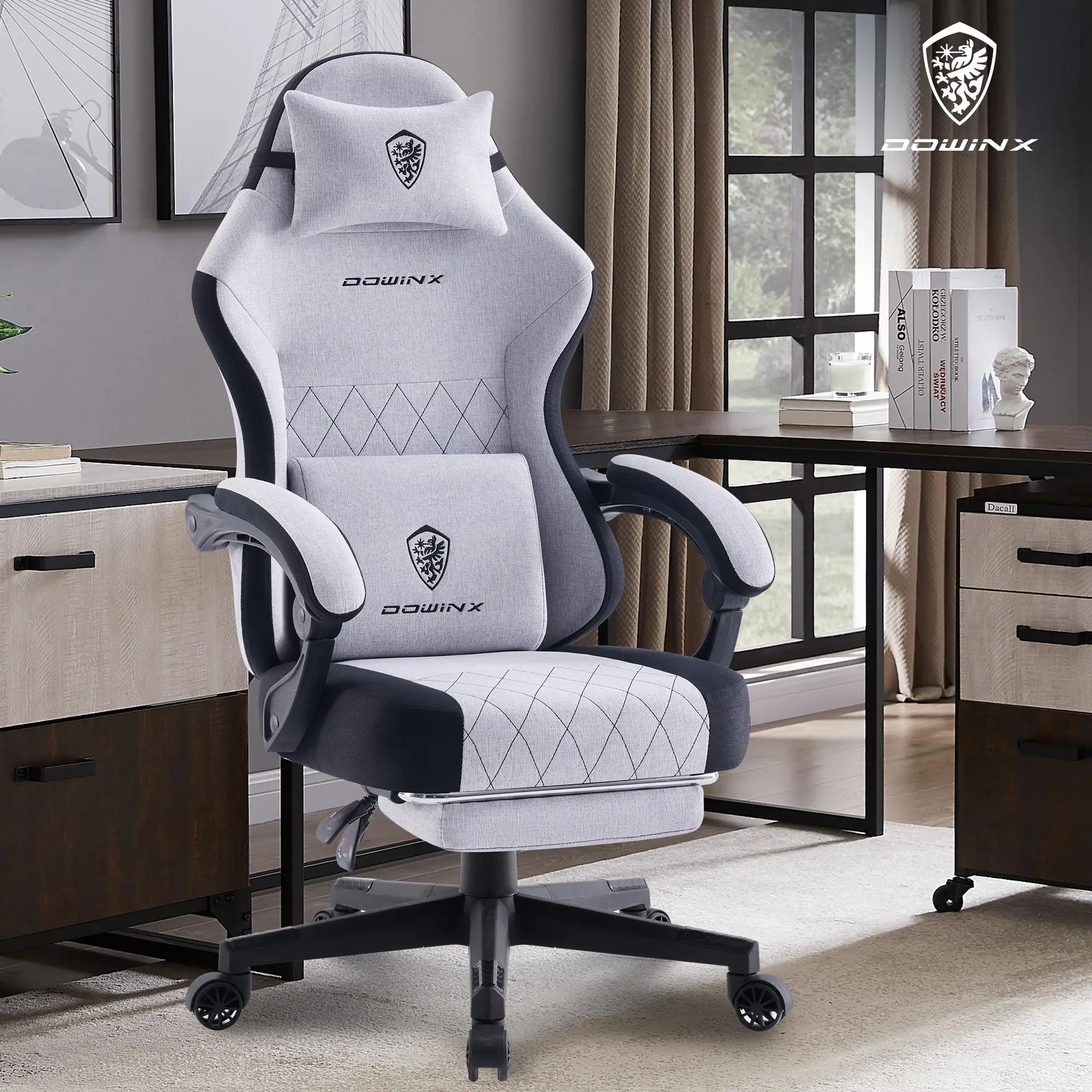 Dowinx Lumbar Massage Support office game Chair, spring cushion fabric, foot pedal ergonomic chair 300 LBS