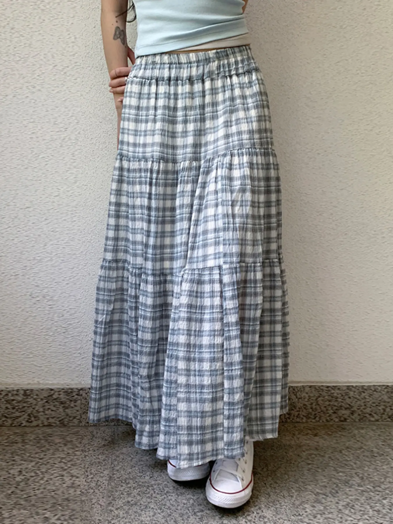 Women's Casual Gingham Plaid Long Skirt, Flowy Elastic Waist Loose-Fit A-Line, Summer Fashion, Natural Waist, Trendy Flirty Skirt, Woven Fabric Skirt