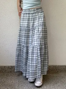 Women's Casual Gingham Long Skirt, Flowy Elastic Waist Loose-Fit A-Line, Summer Fashion, Natural Waist