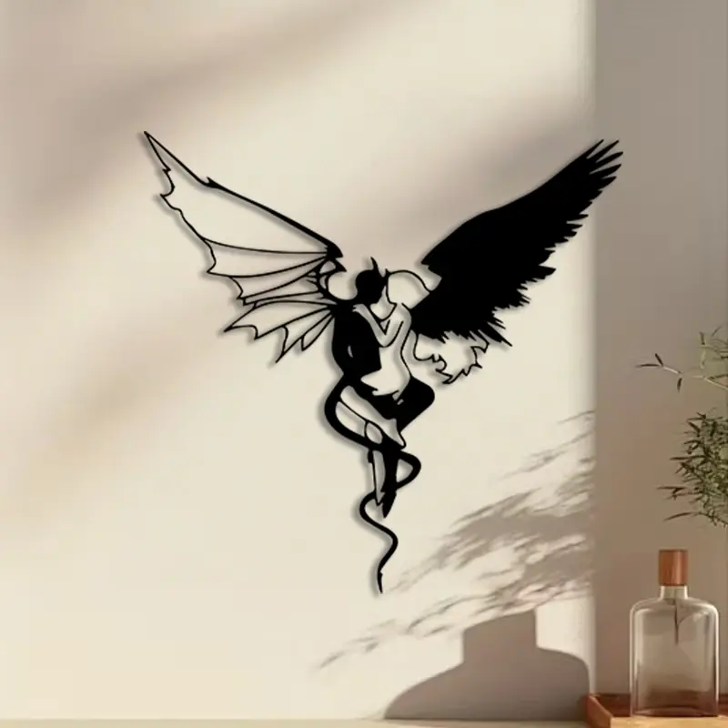 1pc Angel Devil Metal Wall Art, Angel Devil Statue Mural, Perfect for Living Room Wall, Halloween Decor, Ideal Gift for Gothic Lovers, Powder-Coated Metal