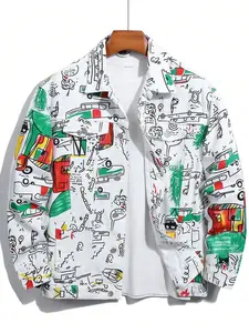 Men's Regular Fit All Over Print Lightweight Denim Jacket, Casual Comfy Collared Long Sleeve Outerwear for Daily Wear, Fashion Menswear for All Seasons